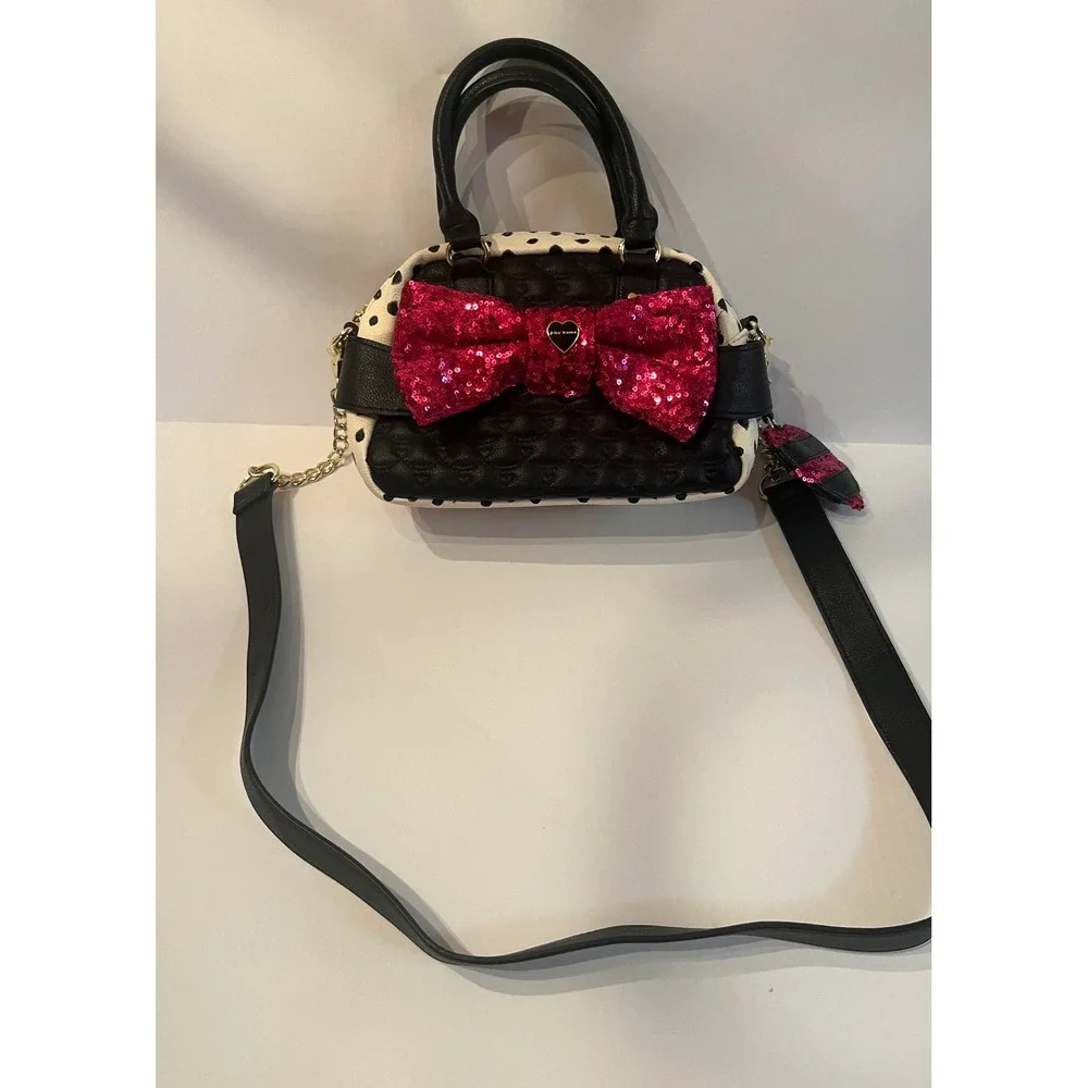 Betsy Johnson Purse Bag Handbag Black White Polka Dot Pink Sequin Bow With Strap